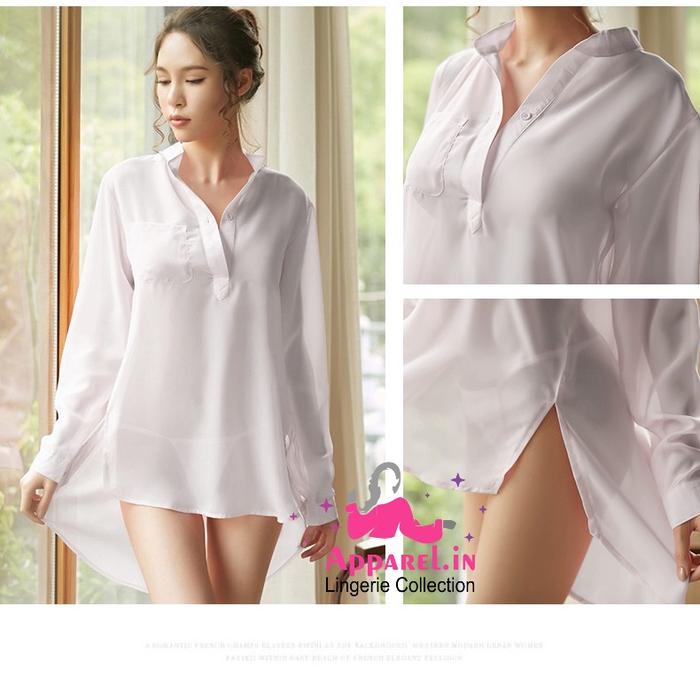 kemeja tidur oversized transparan putih bahan tipis model lingrie