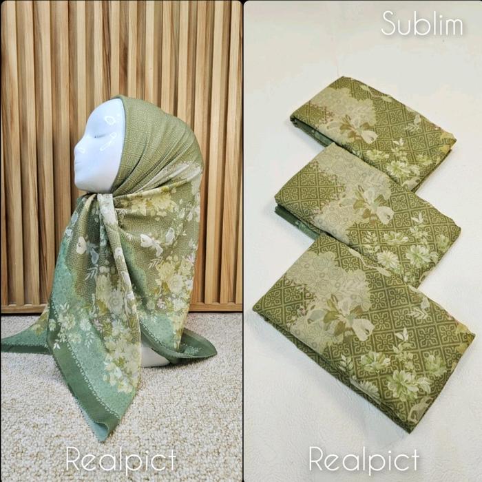 HIJAB SEGI EMPAT VOAL MOTIF BUNGA SAGE KOMBI SAGE MINT HIJAU