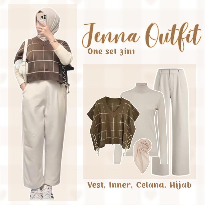 Dreamora _ One set 3in1 Setelan Hijab Style ( Inner manset polos + vest rajut rompi kotak + celana i
