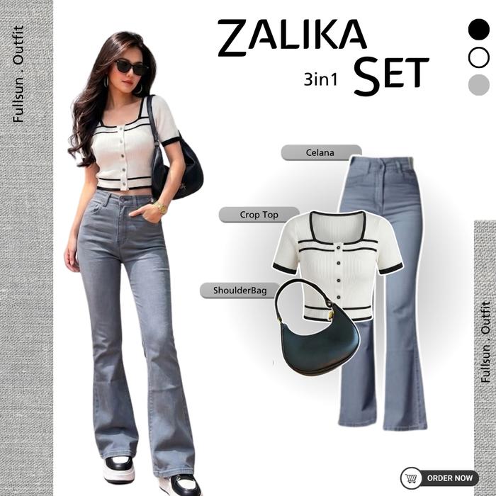 Fullsun One Set Zalika 3in1 { Celana Cutbray Jeans - Crop Top - ShouldeBag } Setelan Crop Top Korean