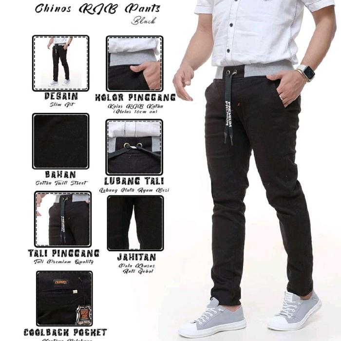 Celana Cowok Panjang Chinos RJB Pants Hitam Desain Slim Fit Bahan Cotton Twill Street Lubang Tali Ta