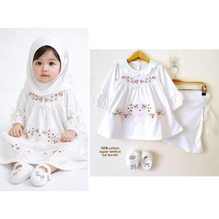 Top Gamis Baju Setelan Dress Muslim Lebaran Bandana Sepatu Lucu Cantik Anak Bayi Cewek Perempuan Mew