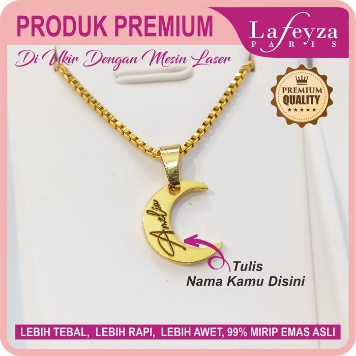 Kalung Custom Nama Laser Motif Bulan, Titanium Perhiasan Elegan Anti Karat Lapis Emas
