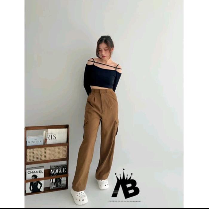 Celana Cargo Highwaist Wanita Pants Drill Panjang Tebal - Bahan Drill Premium - Cantik, Kain