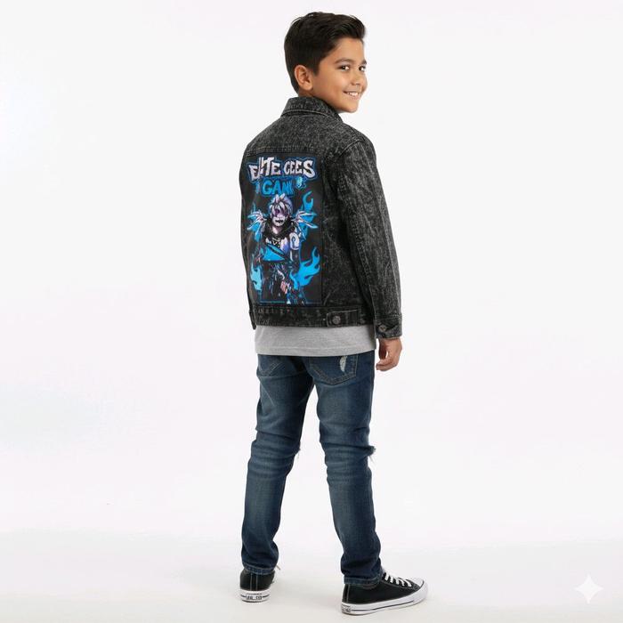 Jaket Jeans Denim Anak FF Free Fire Elite Cees Gank Skin SG OPM Blueflame Dragon dengan Printing Ber