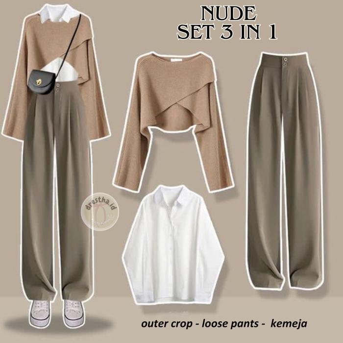 One Set Korean Style 3IN1 Outer Crop Rajut + Kemeja Polos + Loose Pants Nude Color OOTD Import ala k