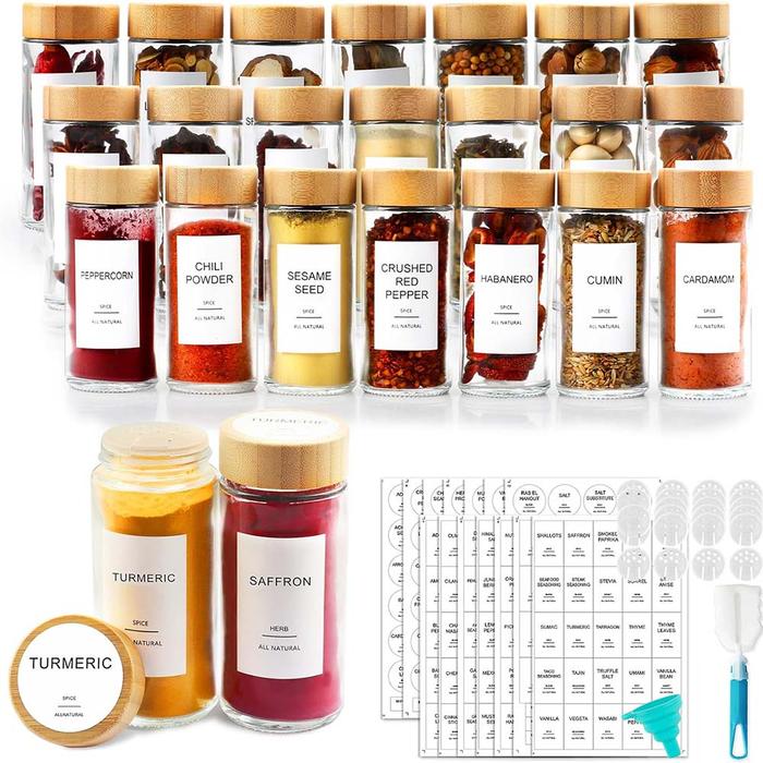 12Pcs Glass Spice Jars with Bamboo Lid Round Spice Seasoning Containers Salt Pepper Shaker Spice Org
