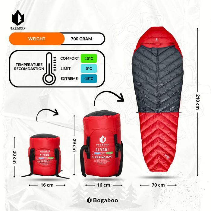 Bogaboo Alvan Sleeping Bag Goose Down 100% FP 850 ASLI kantong tidur Camping Bulang Bulu Angsa Hanga
