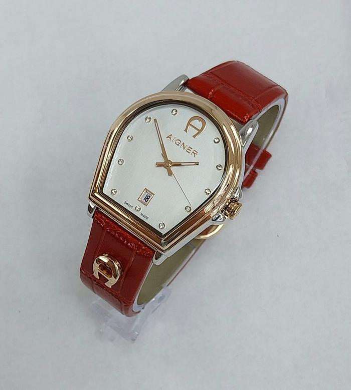 Jam Tangan Wanita Woman Ladies Analog Stainless Steel Aigner Alba White Diamond Dial Crocodile Leath