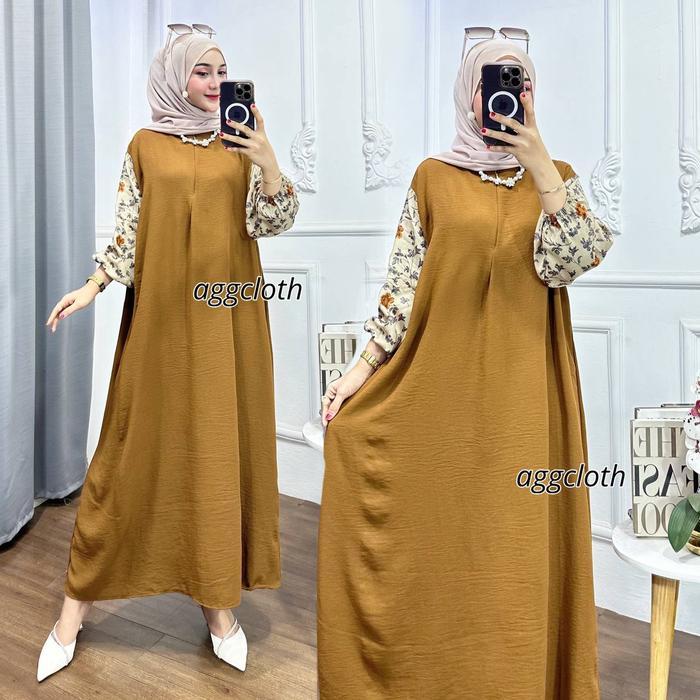 Lisha Dress Gamis Crinkle Kombinasi Salur Rayon Premium Busui Mix Motif Bunga Hitam Aggcloth Panjang