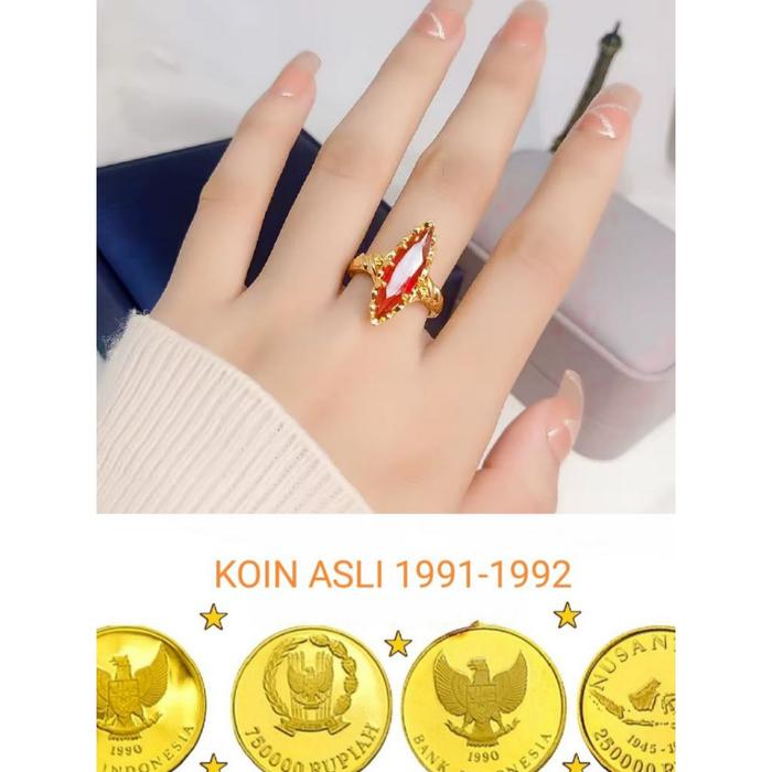 CINCIN KOIN ASLI 1991 CINCIN PERMATA MERAH LANCIP WARNA EMAS ANTI LUNTUR DAN KARAT Titanium Wanita P