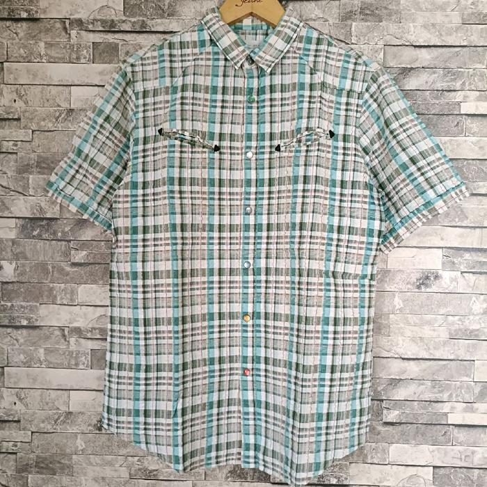 ( size L ) kemeja ships jet blue checkered crinkle shirt