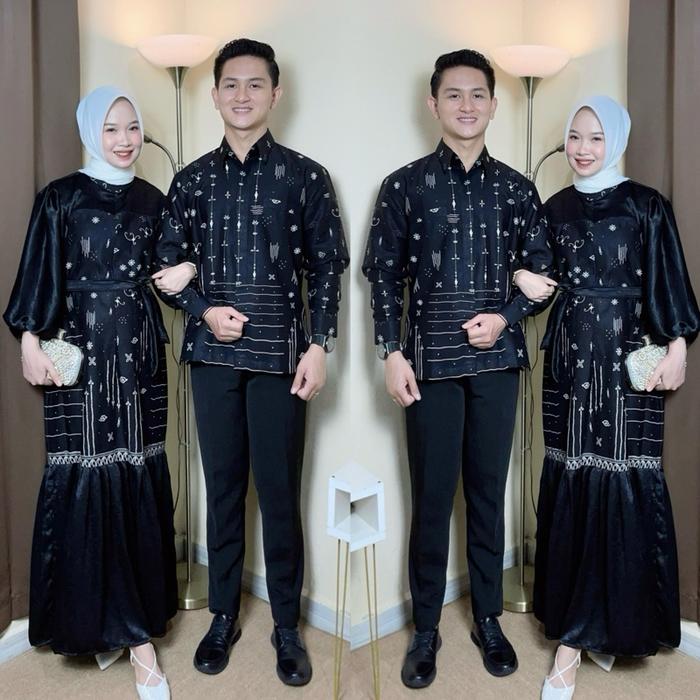 Shanum Hitam (tdak 1 set) Gamis Batik Kombinasi Polos Santorini Silk Premium Lebaran Kondangan Sarim