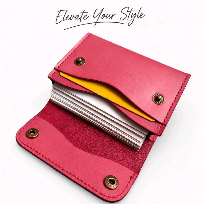 ViDi Dompet Kartu Nama Kulit Asli Pink Dompet Koin Leather Business Card Holder Wallet Handmade Edge