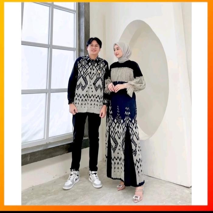 Kemeja dan Gamis Couple Tenun Jepara Mix Tile Polkadot dengan Jahitan Rumahan - Panjang, Kain