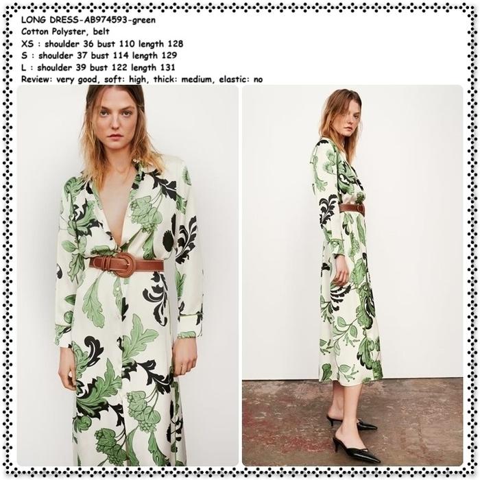AMELIE BUTIK AB974593 Belt Long Dress Kemeja Retro Motif Daun Leaf Tropical Lengan Panjang Wanita Ko