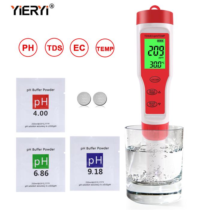 Yieryi Penguji Monitor Suhu Meter Air, Monitor Digital TDS PH 4 In 1