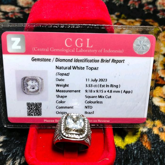 Natural White Topaz 3,53 Crat 'NO TREATMENT ' Ring Perak -Memo CGL