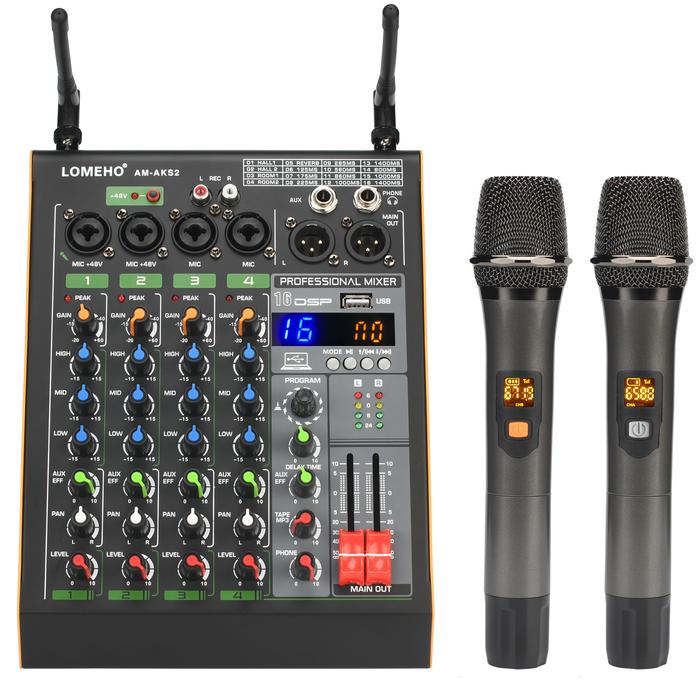 LOMEHO 4 Channel Mixing Console with 2 UHF Wireless Microphone