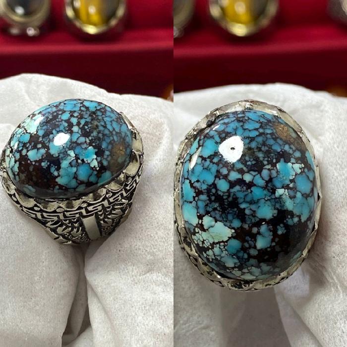 cincin akik pirus Mesir biru gradasi urat hitam ceplok kuro