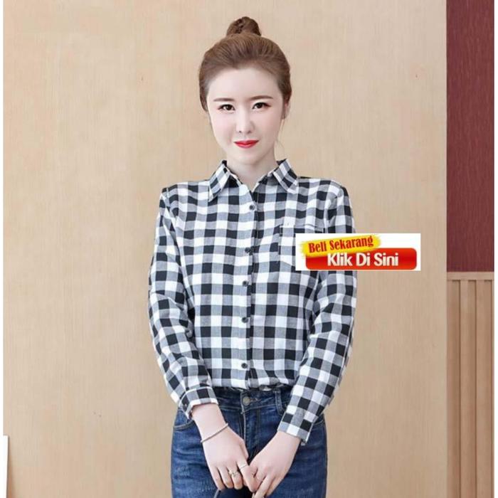 Kemeja Classic Cotton Wanita Kemeja Kotak Kotak Wanita Kemeja Lengan Panjang Longsleeved Plaid Shirt
