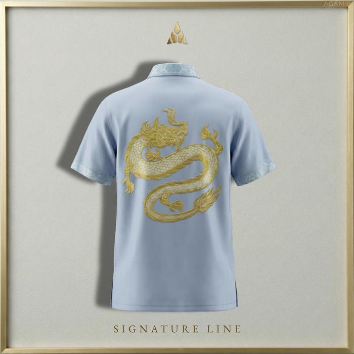 AGAM SIGNATURE — Kemeja Pria Lengan pendek Biru Muda Executive — Full Back Embroidery (Naga) | NAREN