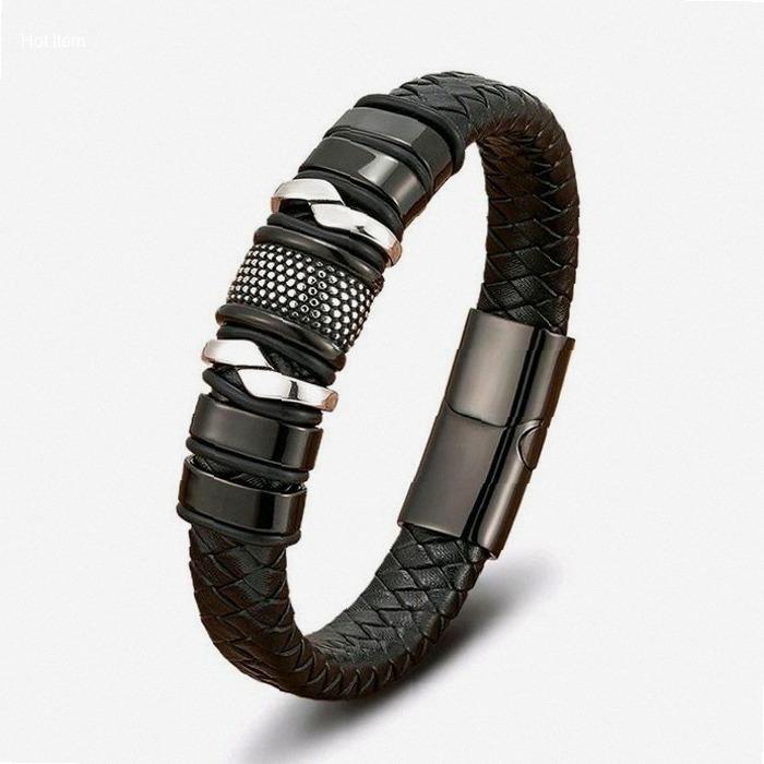 Gelang Pria Kulit Asli BOLD - Stainless Steel Magnetic Clasp Premium - Hitam Elegan | best seller