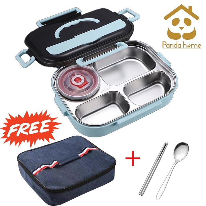 Panda Home Kotak Makan Set Sekat 4 Free Thermal Bag Sendok Garpu Lunch Box Bekal Stainless Steel