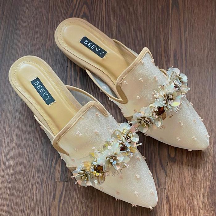 BeevyShoes- Alisha Mules Nude - Sepatu Payet Wanita