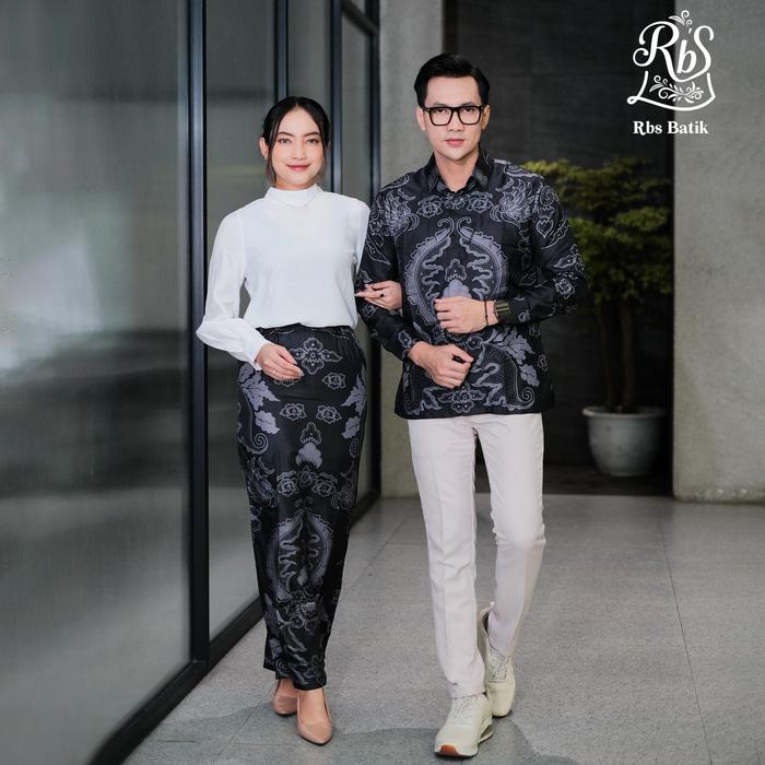 RBS Batik - Couple Batik Kemeja dan Rok Pria Wanita Yudhistira Slimfit Lapis Furing Warna Hitam Abu