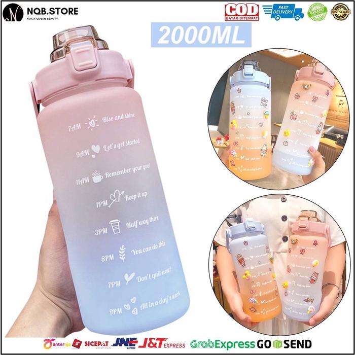 NQB - Botol Minum Pastel Cute Drink Water Bottle Air Jus 2000ml Reminder Drinking Time Motivation 2L