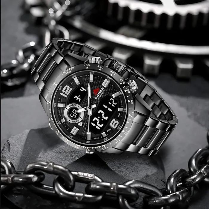 Dziner Jam tangan Pria 8306 Double Time Rantai Stainless Steel Water Resistant 3 ATM