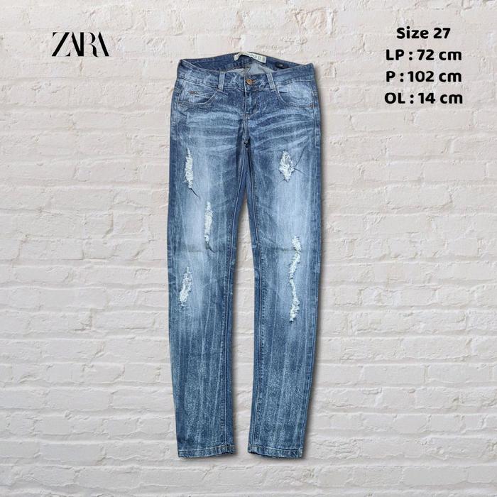Size 27 Celana Panjang Longpants Jeans Zara Trf Blue Washed Fading Ripped Skinny Original Second Pre