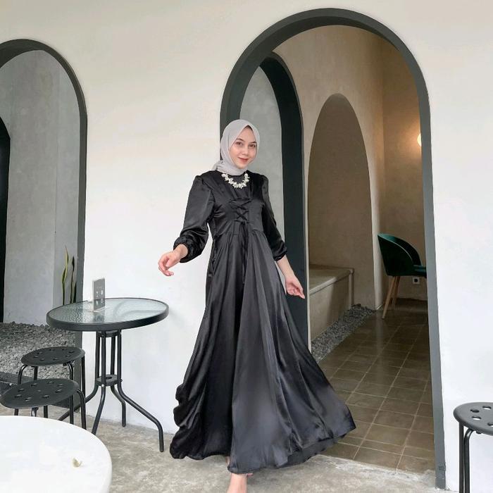 ALMIRA Long Dress Formal Wanita Satin Premium Nyaman Gamis Satin Polos Terkini Model Terbaru