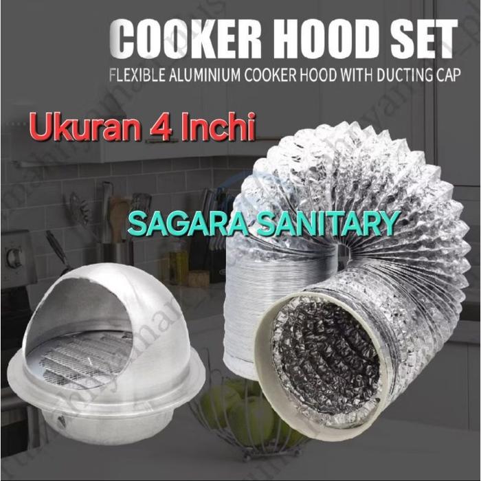 Paket pipa exhaust 4 in (10,2 cm) + vent cap stainless + klem / selang pipa eksos sekai dll