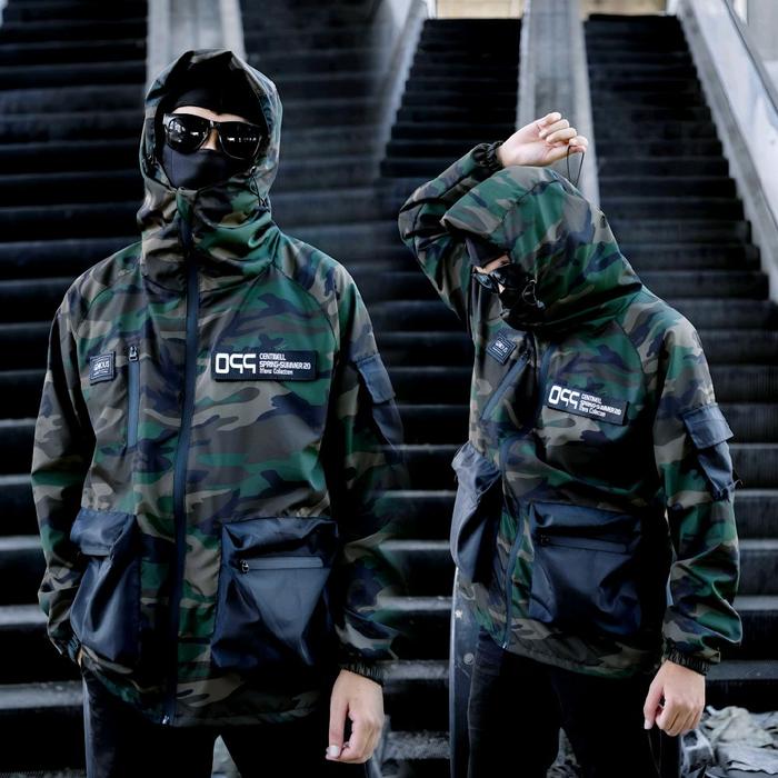 Jaket Semi Parka Outdoor Pria Windbreaker Waterproof Loreng Gropcore - Bomber, Parka, Tebal, Parasut