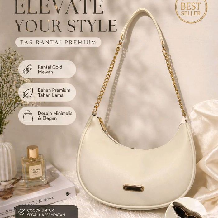 Tas Bahu Wanita dengan Tali Rantai Sholder Bag Desain Elegan dan Praktis Bahan Sintetis Miniso Kapas