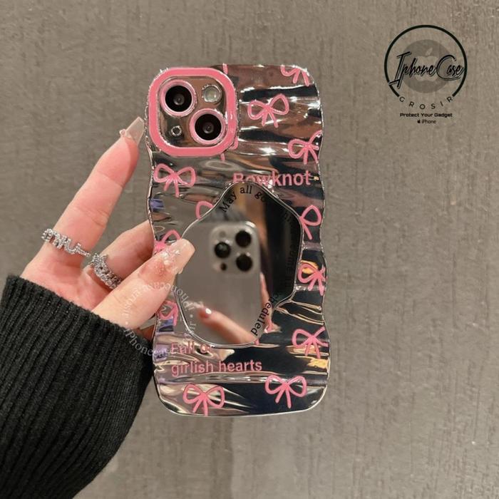 Wavy Case 2 in 1 Ribbon Mirror Quotes Cute Mini Pink Bow Puff Casing Hp Cermin / Softcase for IPHONE