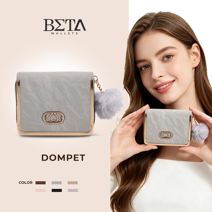 BETA Dompet Seri Tekstur Kertas Mini Pendek Resleting Keliling Hiasan Aksesoris Logam Hati dan Pompo