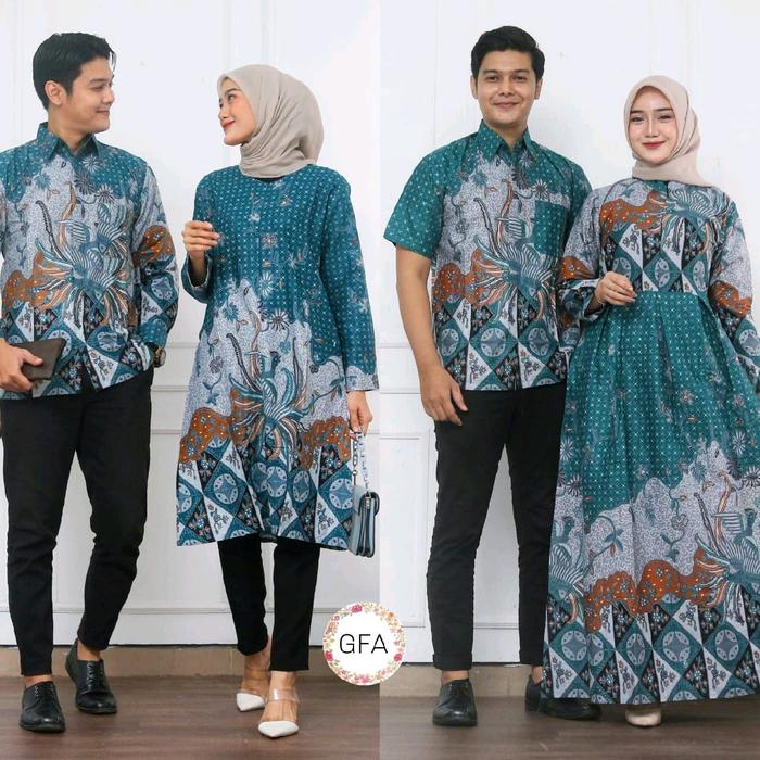 Batik Couple Gamis Busui Atasan Tunik Saku Rits Depan dan Kemeja Pria Lengan Panjang Hem Batik Kemej