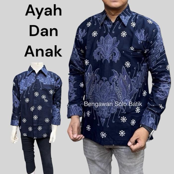 Batik Warna BIRU DONGKER, Batik Couple Ayah Anak Warna BIRU NAVY, Batik Katun Solo Premium.