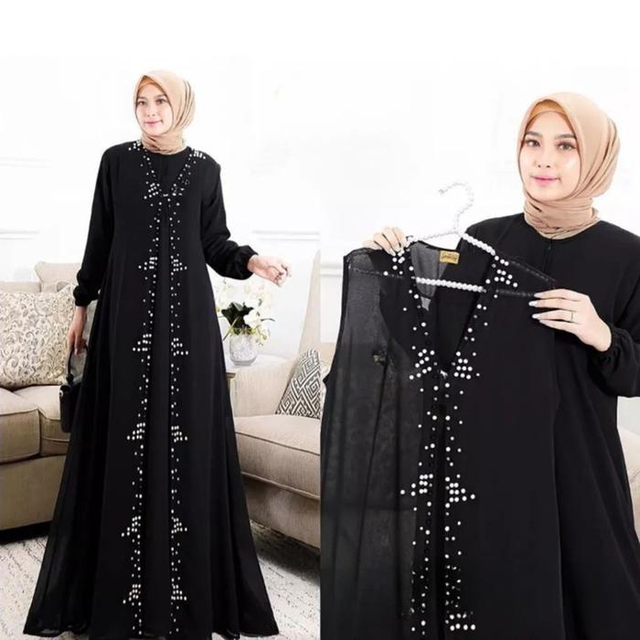 Gamis Mewah Wanita Terbaru Rebeca Set Outer Aksen Payet Bahan Ceruty- Lebaran Muslim Fit Mustard