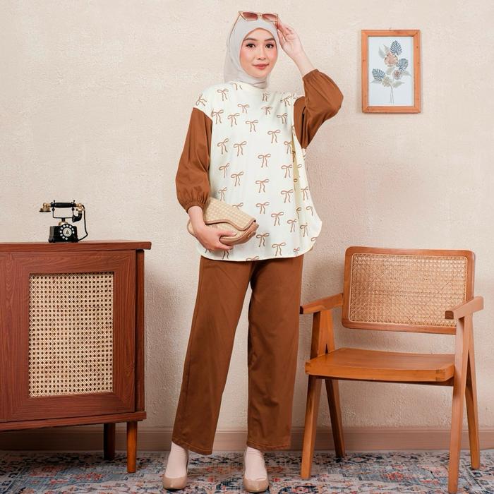 NEW Set No Brand X Chatifa | One Set Wanita Motif Pita Lucu Setelan Celana Panjang Casual Hijab Frie