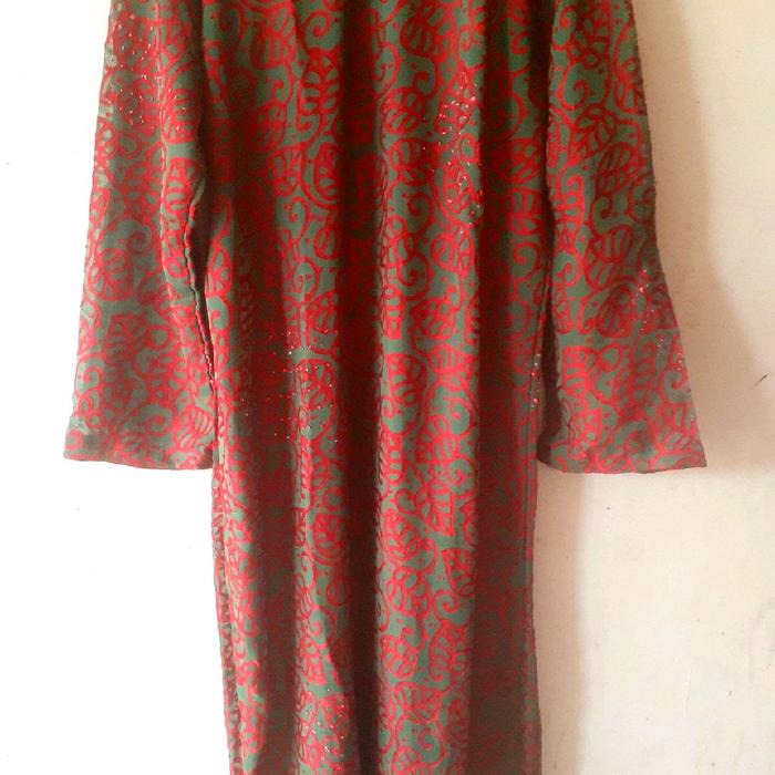 Long Dress Wanita Motif dekoratif Merah Hijau – Dress Longgar Elegan Casual Formal