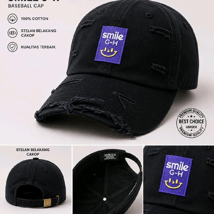 Topi Import Bordir Smile Motif Robek untuk Pria
