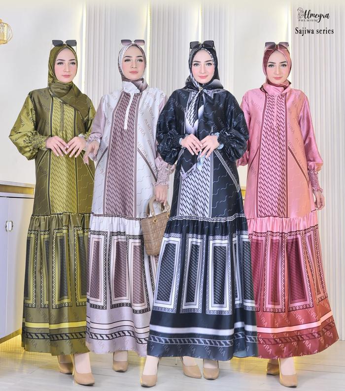 Baju Setelan Gamis dan Hijab Segi Empat Sajiwa by Almeyra Bahan Armani Silk