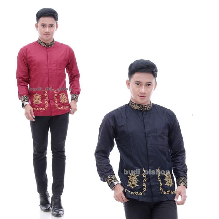 Koko Pria Bordir Pintu Aceh Premium Bahan Katun Marun Hitam Navy