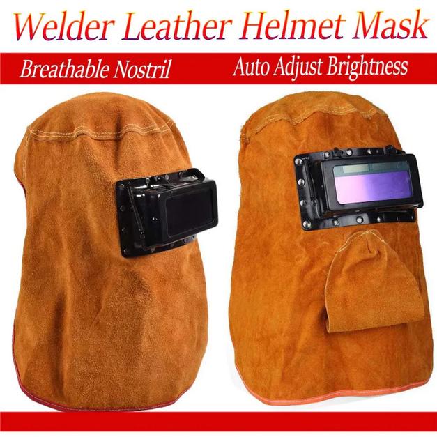 Topeng Las Kulit Sapi Topeng Las Listrik Full Wajah Breathable Kap Las Otomatis Dengan lubang