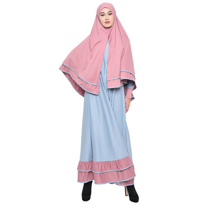 Java Seven / Busana muslim wanita / Baju dress gamis wanita beserta kerudungnya jersey / Warna biru 