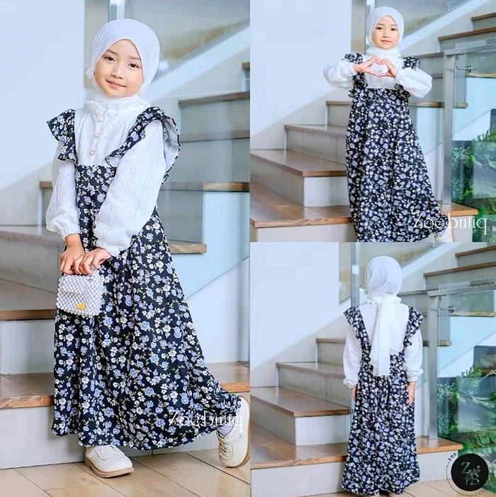 Gamis Anak Perempuan Premium Terbaru Lebaran Mewah Korea Style Semi Brokat Kombi Motif Bunga Kembang
